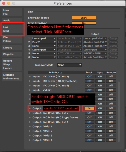 Chossing the right MIDI port in Ableton Lives MIDI preferences.