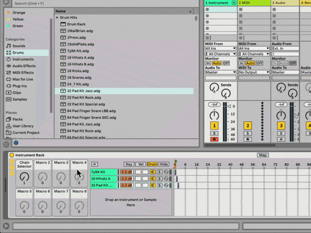 select different drum sounds in Ableton Live via the chain selector