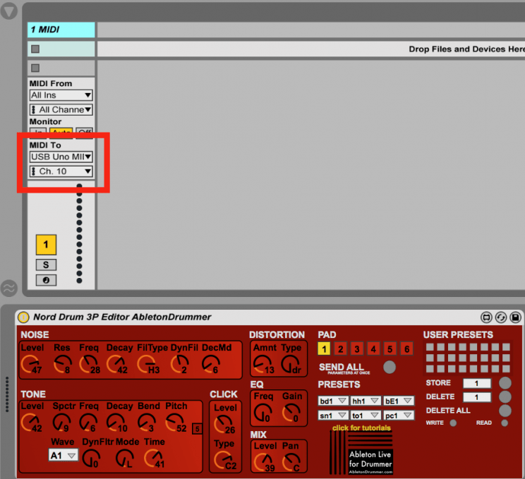 Ableton Live Nord Drum select the right Midi Channel