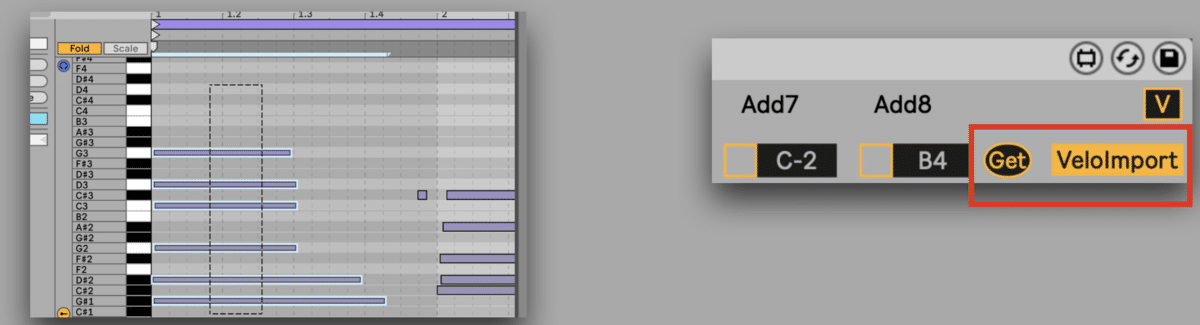 Select notes on the same MIDI track from a clip and click on get.
