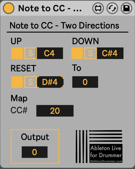 How to control MIDI CC in Ableton Live via Note with 2 directions