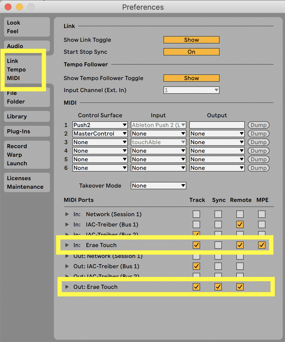 Select MIDI ports in Ableton Live