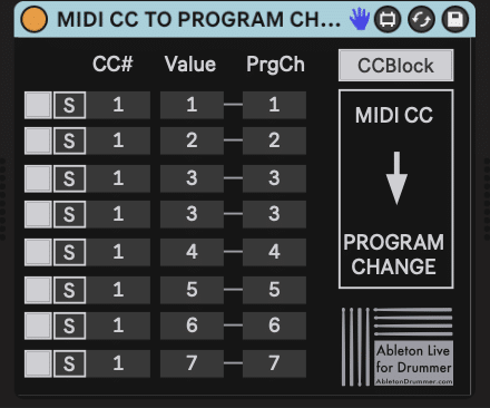 Convert MIDI Control change to PRG CH in Ableton.
