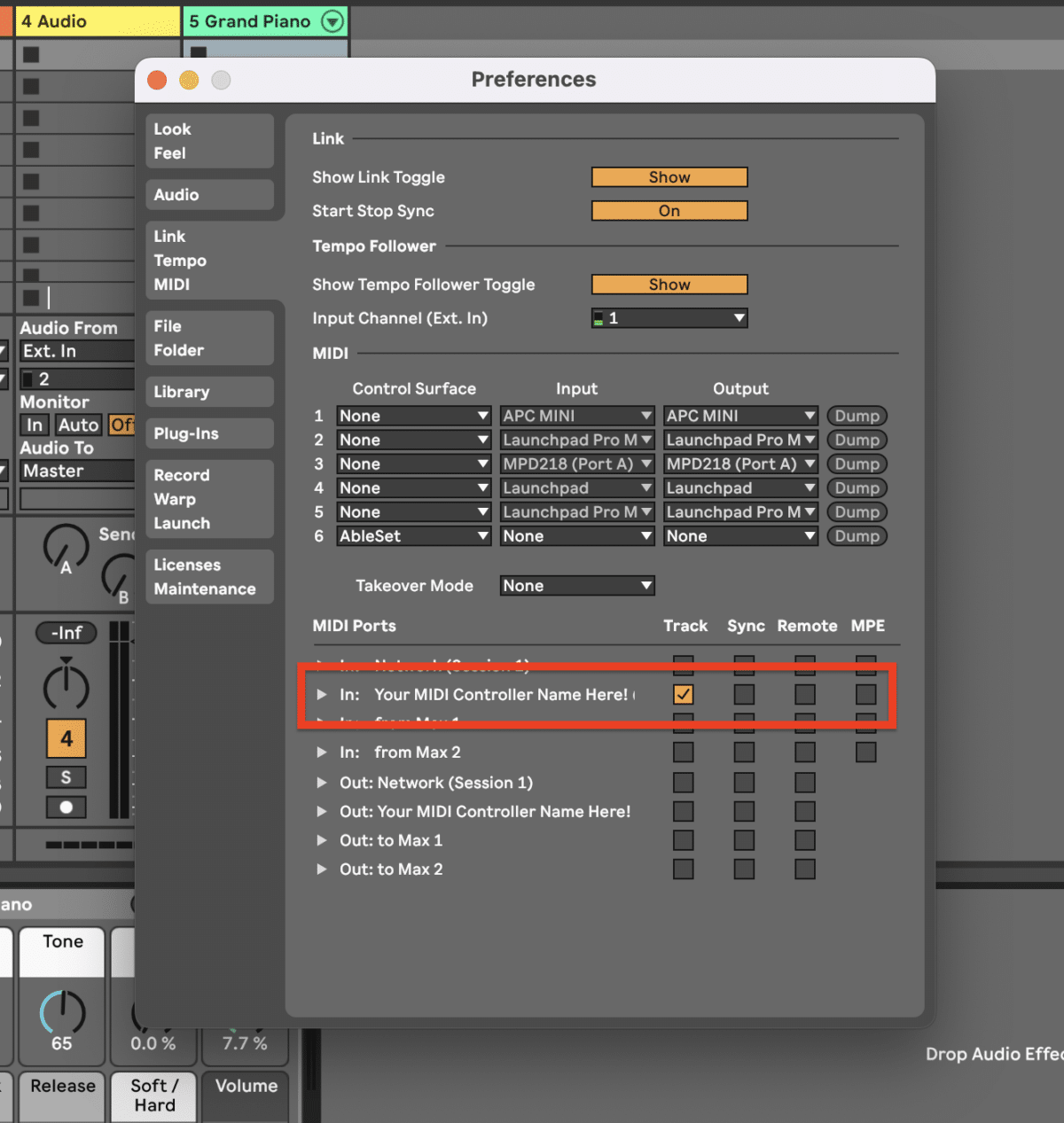 Set up MIDI Control for Ableton Live track in