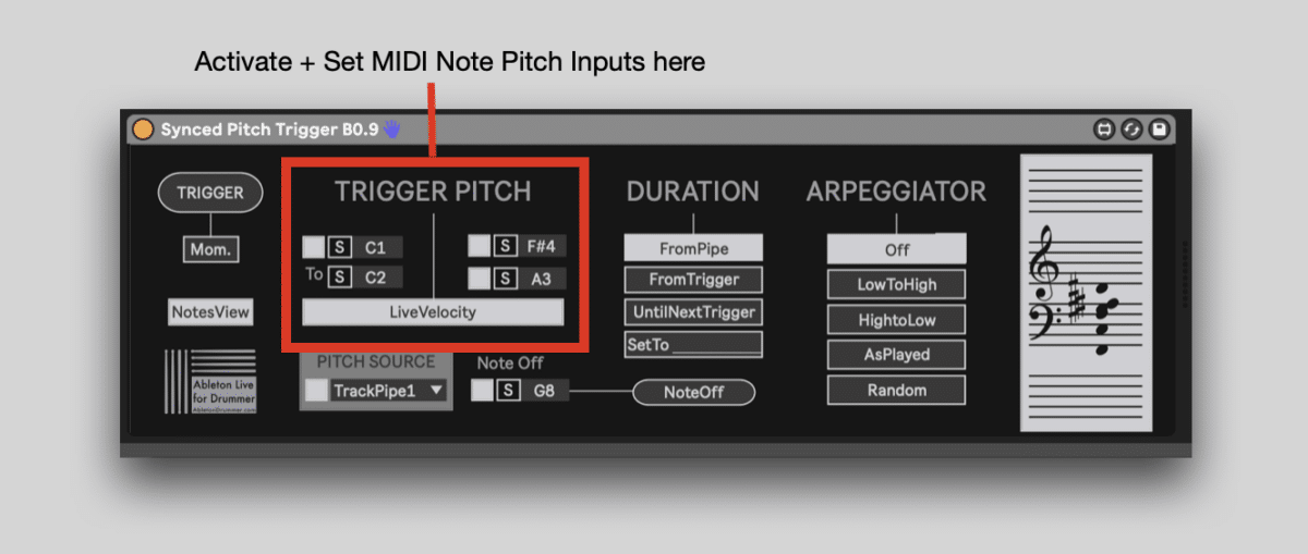 Set trigger midi note pitches in Ableton Live