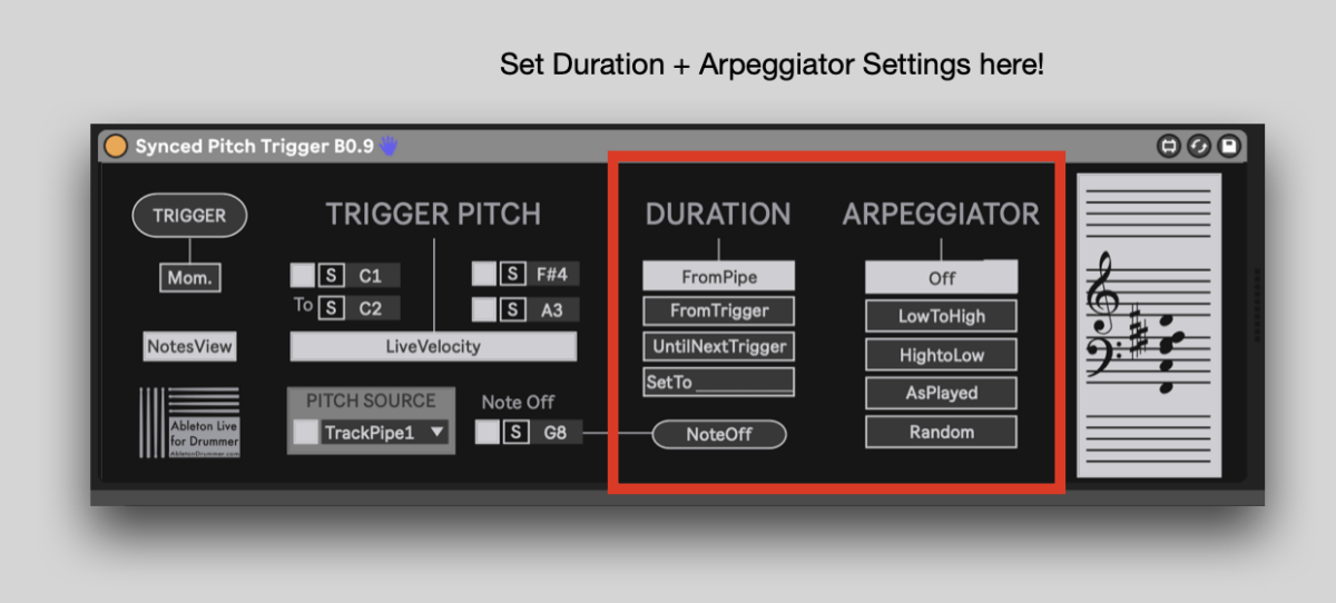 Change duration and arpeggiator of synced MIDI note pitches in Ableton Live.