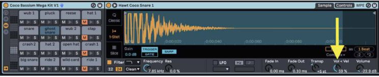 Midi velocity control in Ableton Simpler.