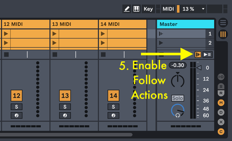 Enable Scene Follow Actions Global in Ableton Live. 