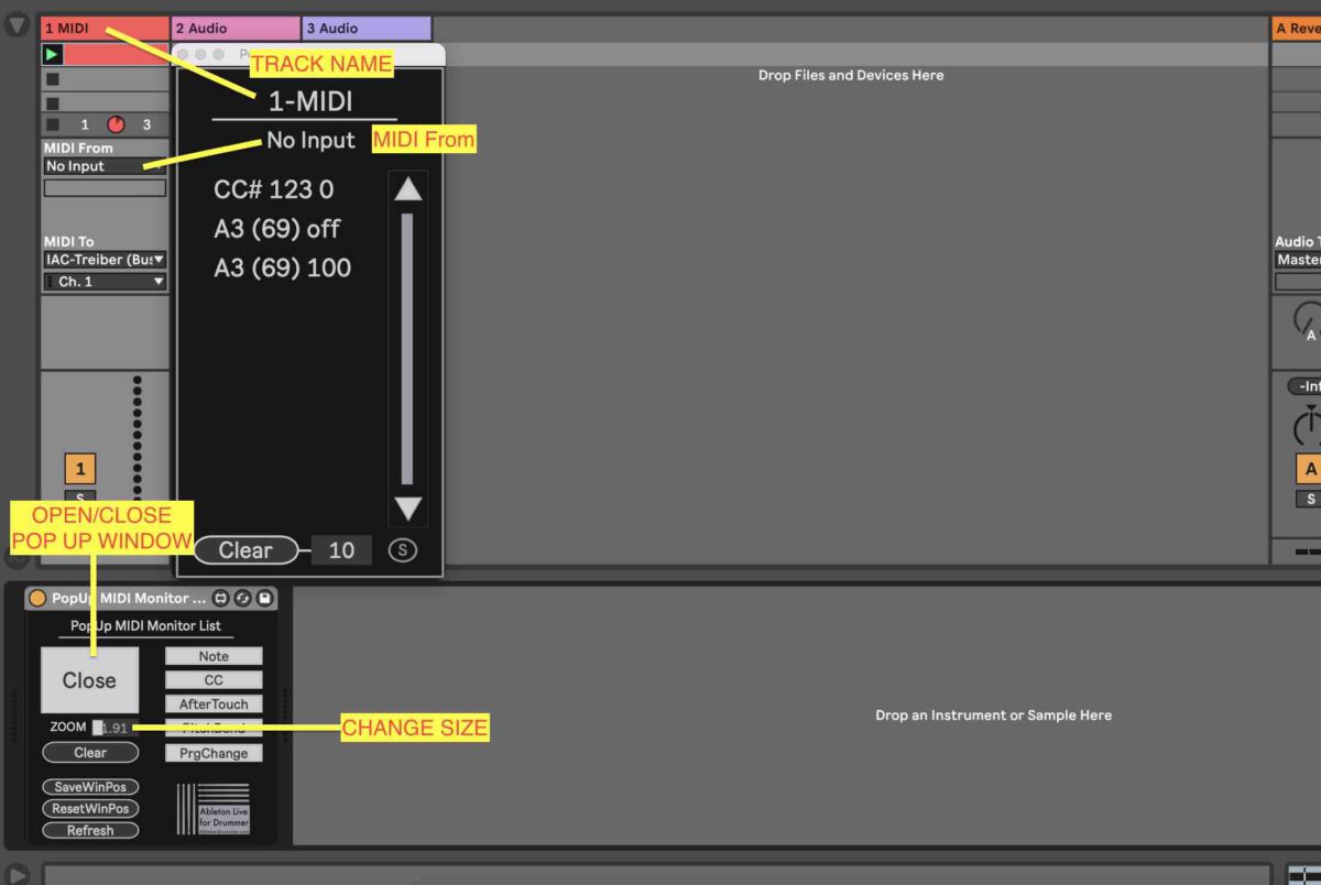 Monitor MIDI messages on MIDI track in Ableton Live.,
