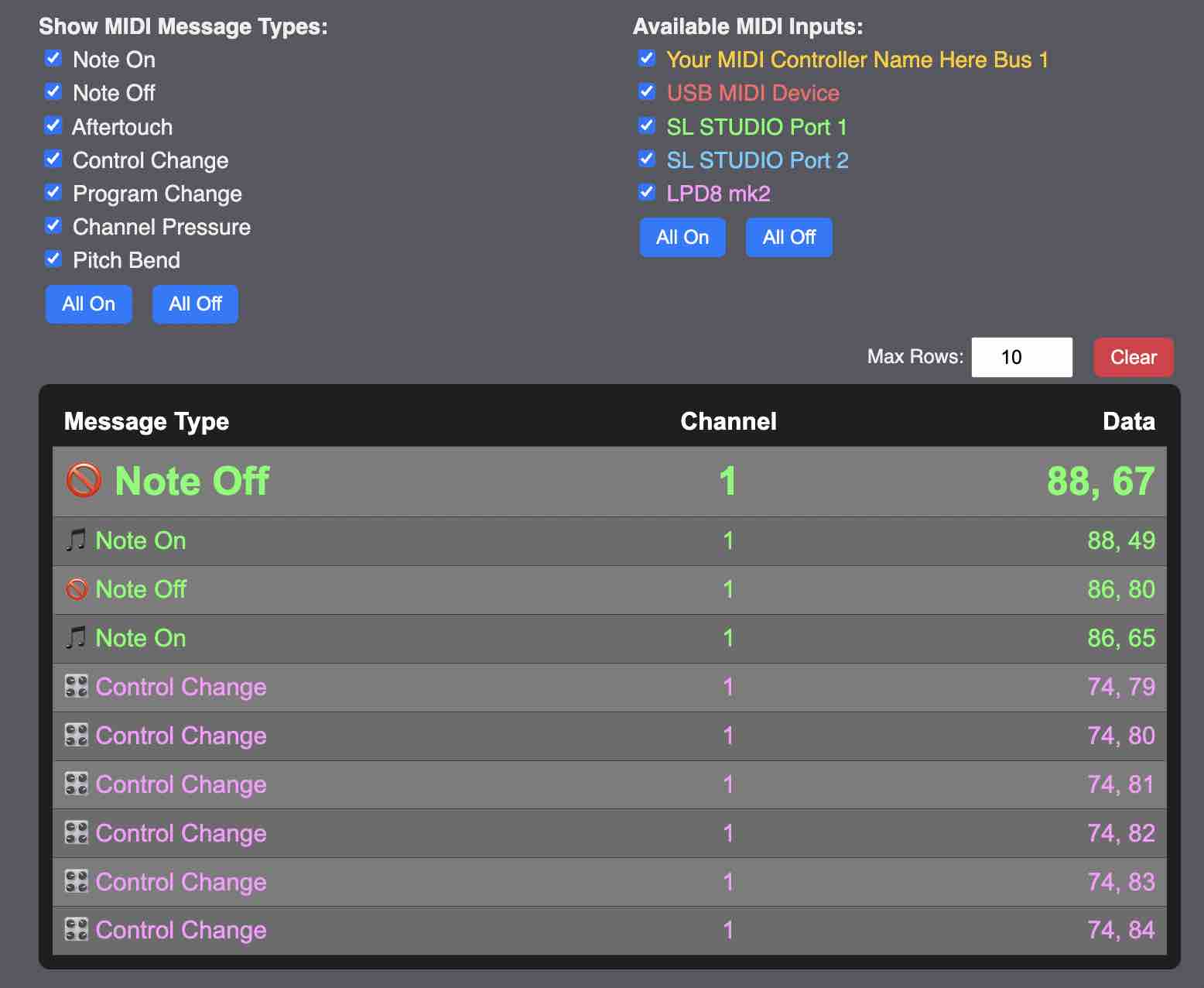 webbrowser MIDI Monitor for messages