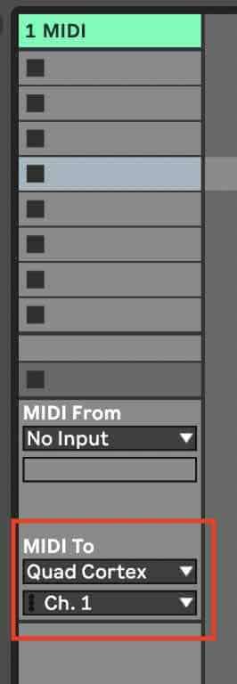 Midi channel from Ableton Live to the Neural DSP Quad Cortex.