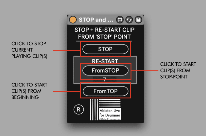 Trigger buttons for dynamic Stop and replay for clips in Ableton.