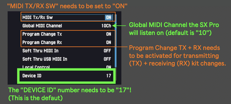 Midi settings for colour Change on SPD SX PRO 