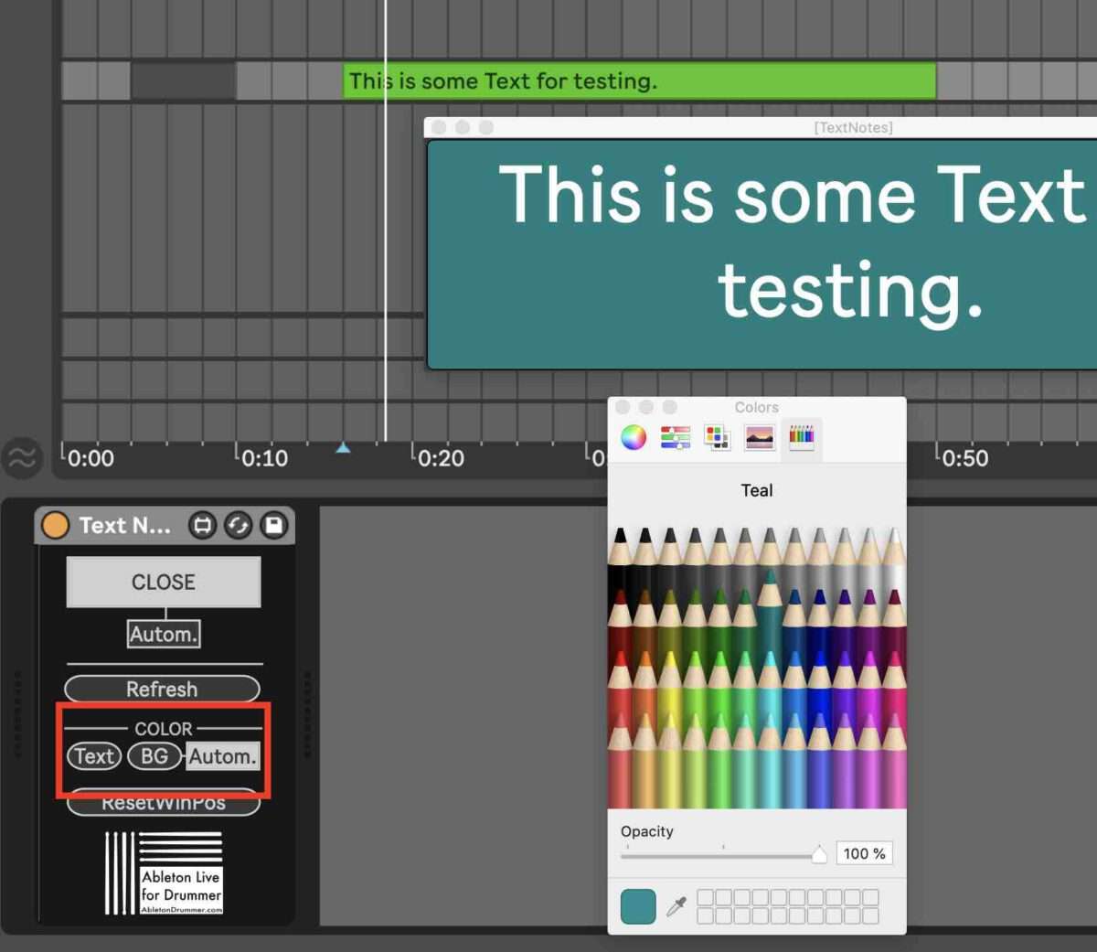Text color, background color and automatic color for text notes iin Ableton Live