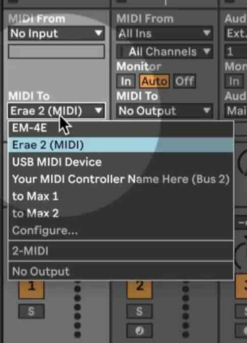 MIDI Settings on MIDI Track to send MIDI To the Erae Touch 2 in Ableton Live