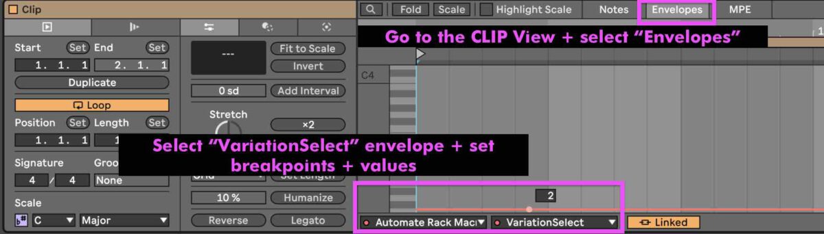 Use automations to select Macro Variations in Ableton Live