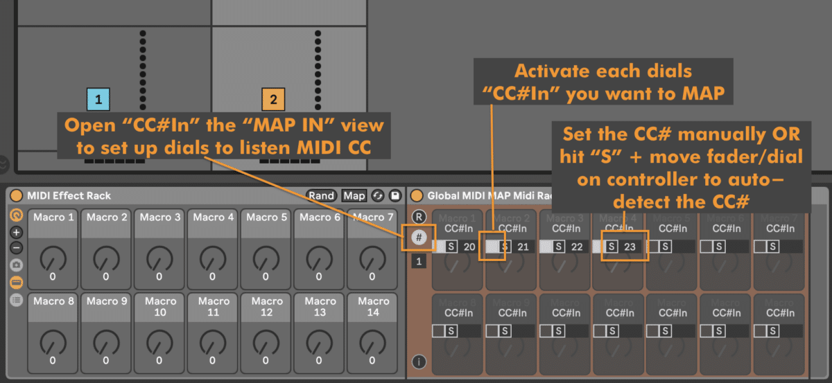 Global MIDI MAP continuous control numbers in Ableton Live.