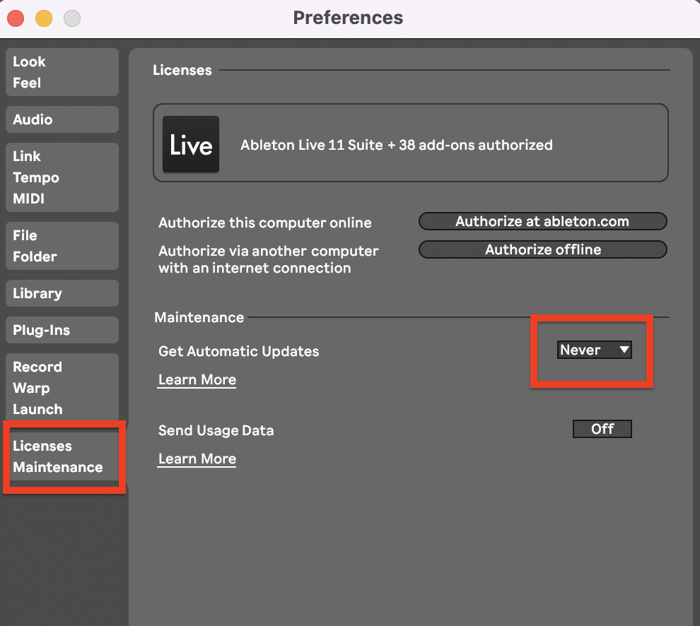 de-activate automatic updates in Ableton Live