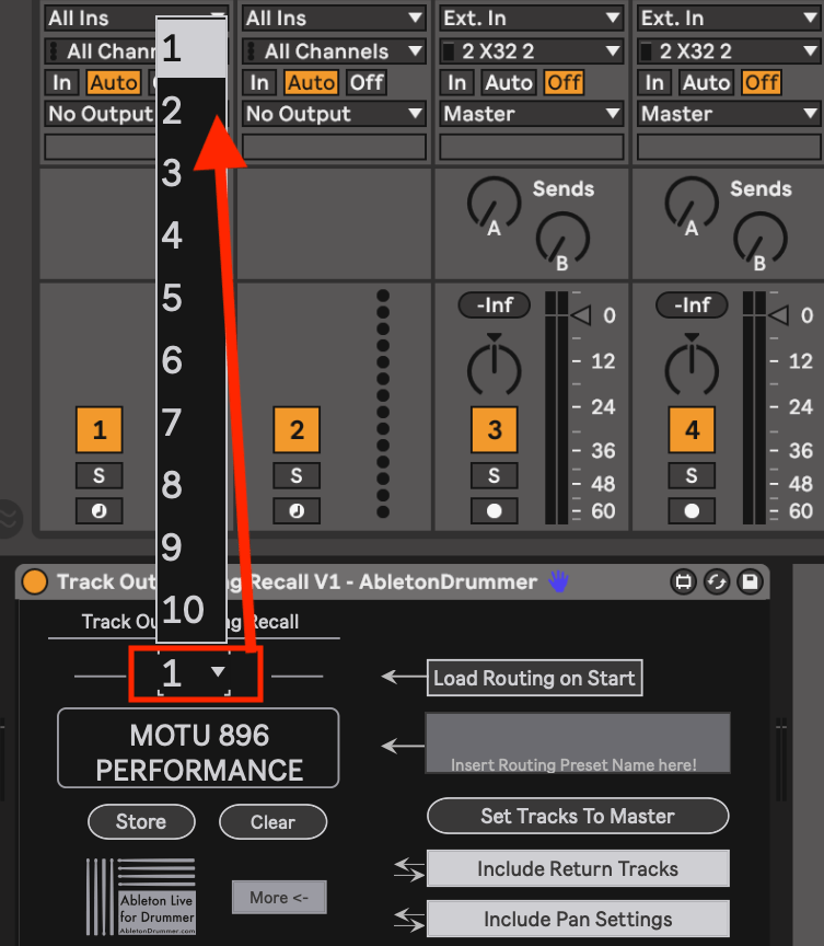 Select track output presets in Ableton Live.